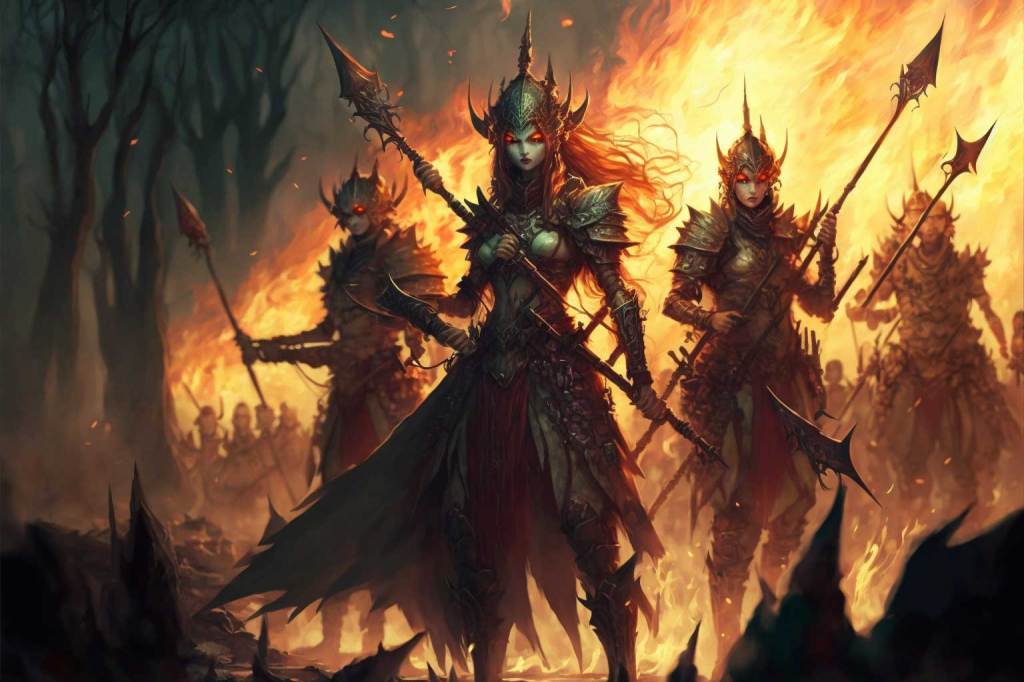Group of elves standing amongst the flames in battle